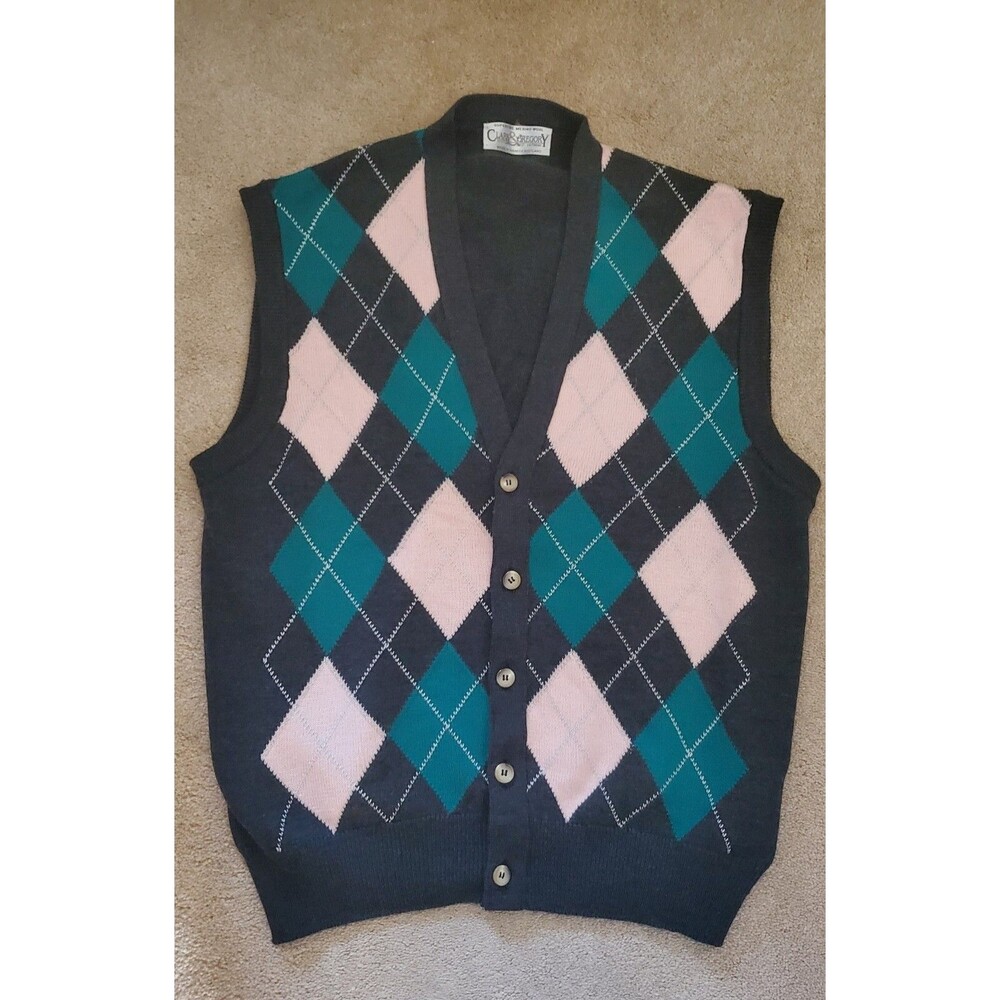 Mens Argyle Sweater vest retro Clark & Gregory Super fine Merino wool Grandpa XL